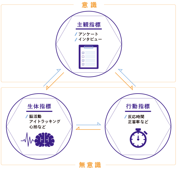 主観調査と生体計測（生体指標や行動指標）をかけ合わせて意識・無意識に関わらず消費者のニーズを捉えることが可能です。